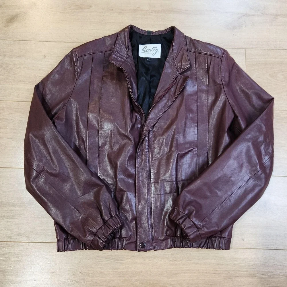 Vintage Scully Jacket Mens 40 Red Leather Bomber Full Zip Elastic Waist Western